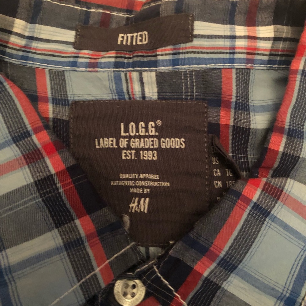 H&M L.O.G.G. Fitted Plaid Long Sleeve Button Down Shirt red white blue size XL - Picture 5 of 5